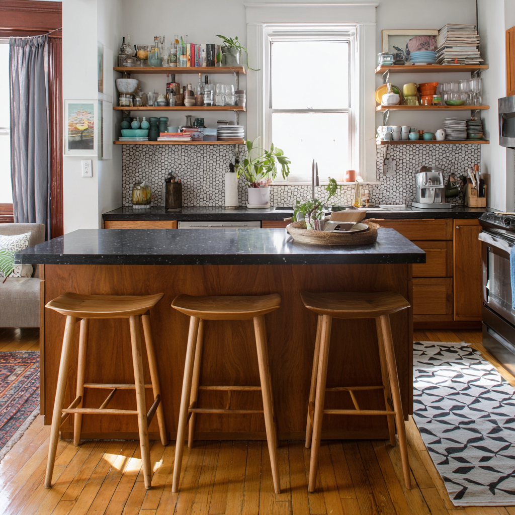 Wood kitchen island with dark stone top and three stools.