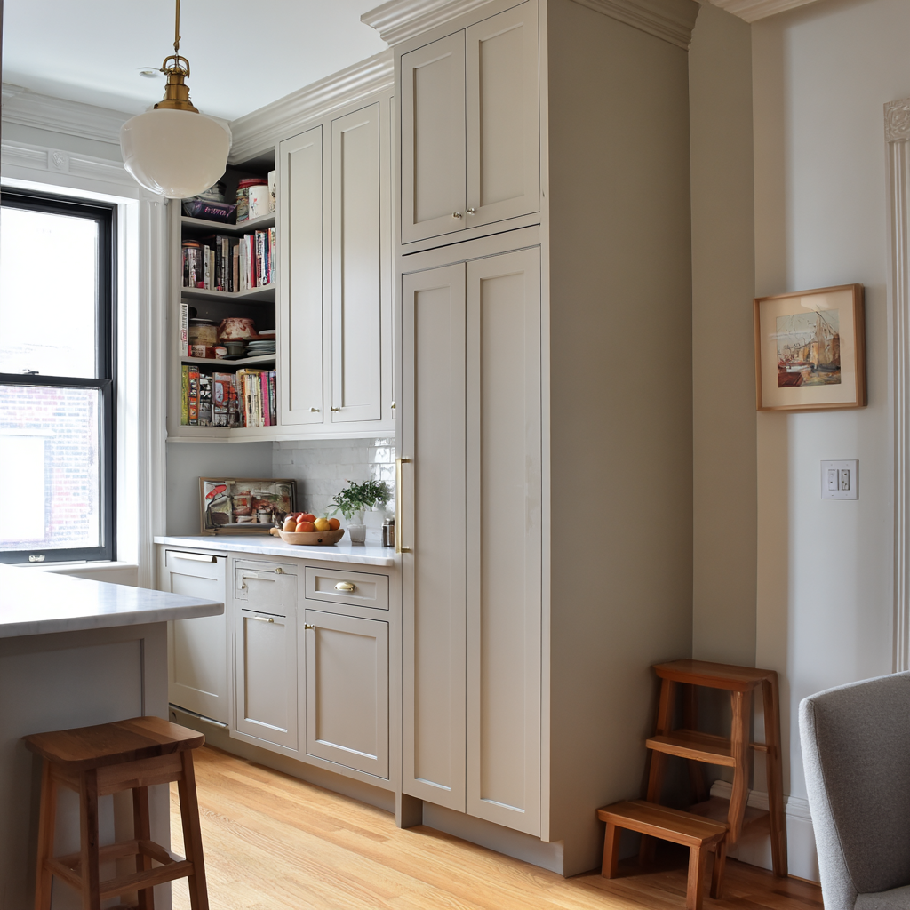 A compact urban kitchen featuring ceiling-height, greige-colored cabinetry, a built-in refrigerator, and an open shelf area for books.