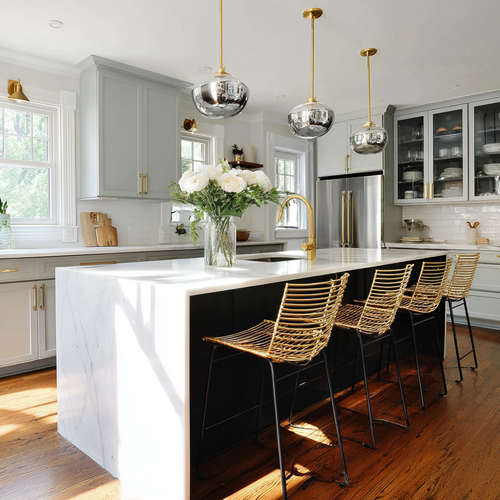 A bright, contemporary kitchen featuring a bold waterfall island and a sophisticated mix of materials.