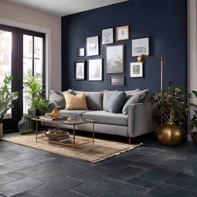 Modern living room with navy walls and black stone floors.