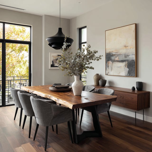 Dining room with live edge table, grey chairs, and artwork.