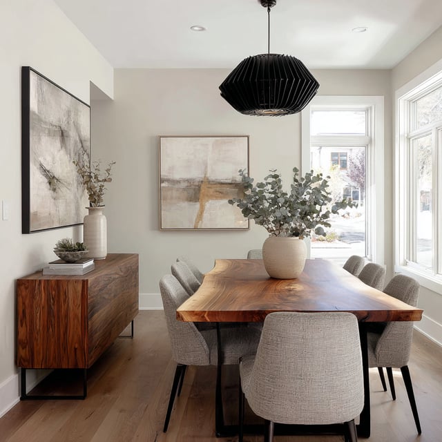Contemporary dining room with a live-edge wood table.