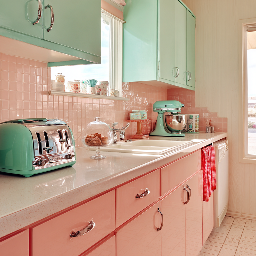 Coral pink lower cabinets with mint green uppers, chrome hardware, retro 50s diner-inspired kitchen.