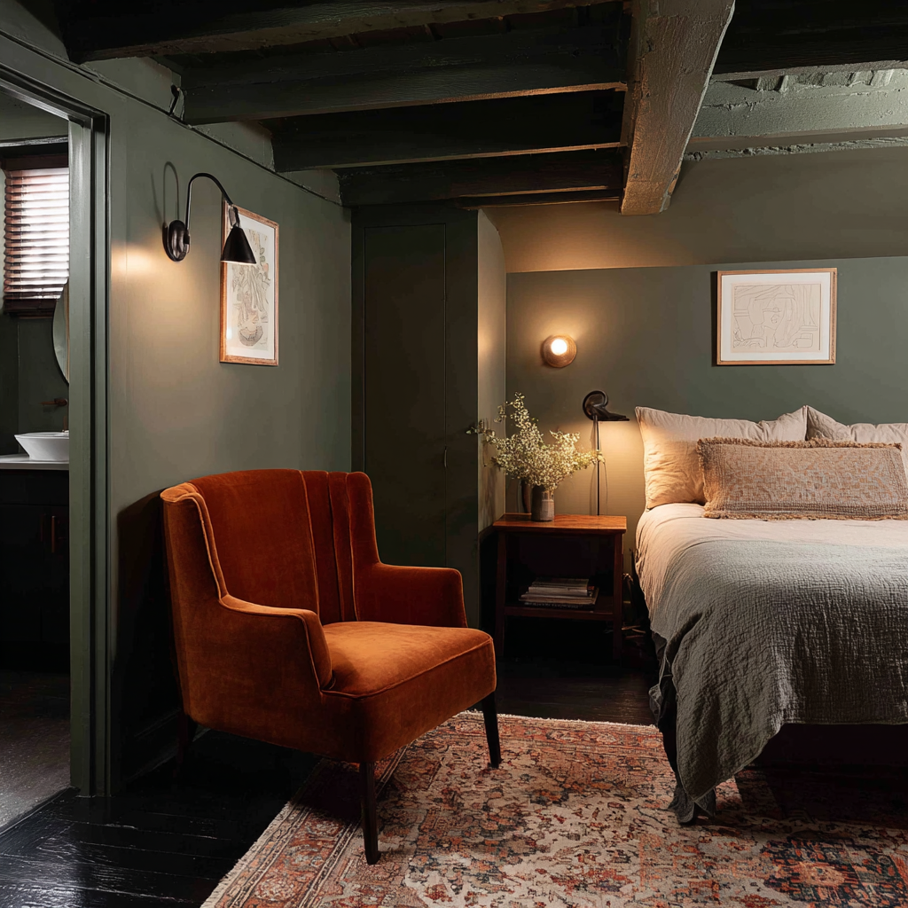 dark moody green basement bedroom with exposed beams