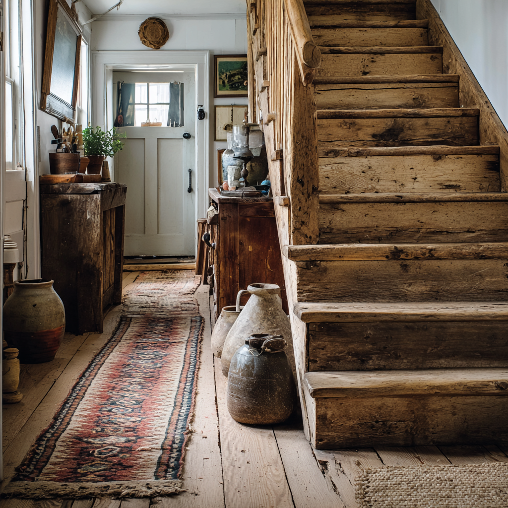 A rustic farmhouse entryway features a broad, distressed natural wood staircase, a narrow patterned runner rug on a wood floor, and several antique clay pots and wood furniture.