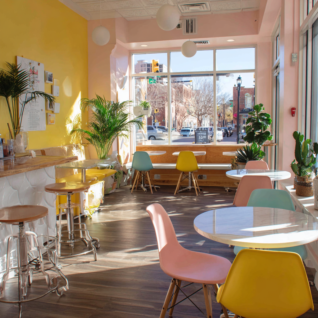 Pastel chairs and tables in a sunny cafe by a large window.
