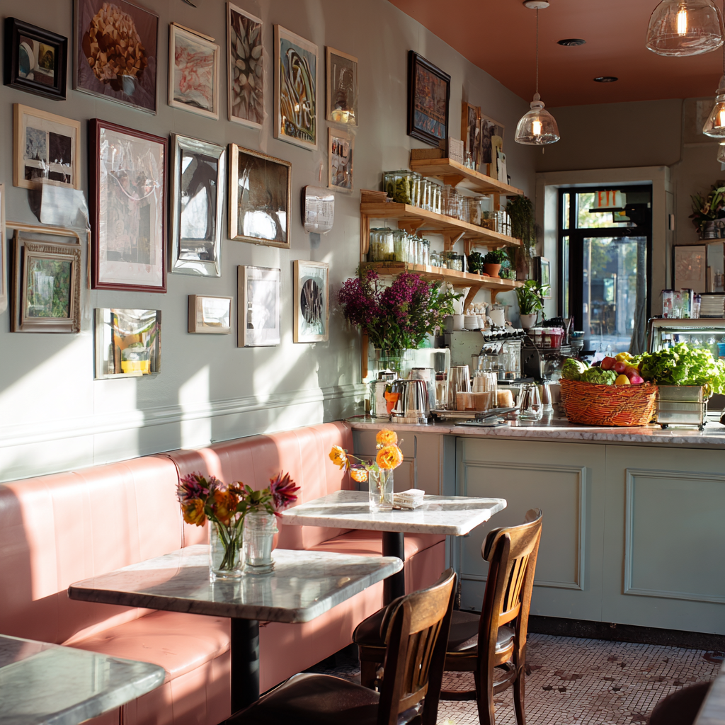 Pink banquette seating with gallery wall and marble tables.