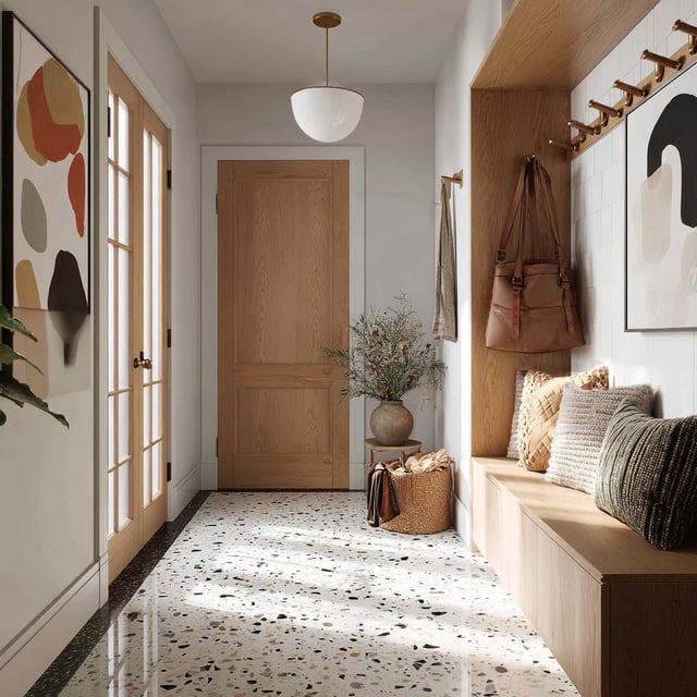 A bright, modern entryway features a polished black and white terrazzo floor, a built-in light wood bench with textured pillows and leather bags hanging above, a wooden interior door, and a pair of glass-paneled doors with modern abstract art on the surrounding walls.