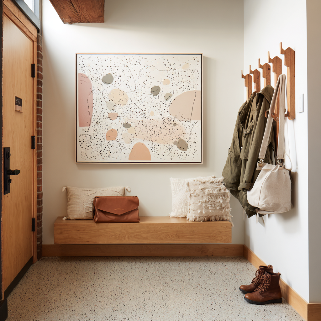 A cozy urban entryway features polished terrazzo tiles, a light-wood floating bench with decorative pillows and a leather bag, a modern abstract painting with pink and gray shapes, and a wooden wall rack holding an olive-green jacket, a beige bag, and a pair of brown boots resting on the floor.