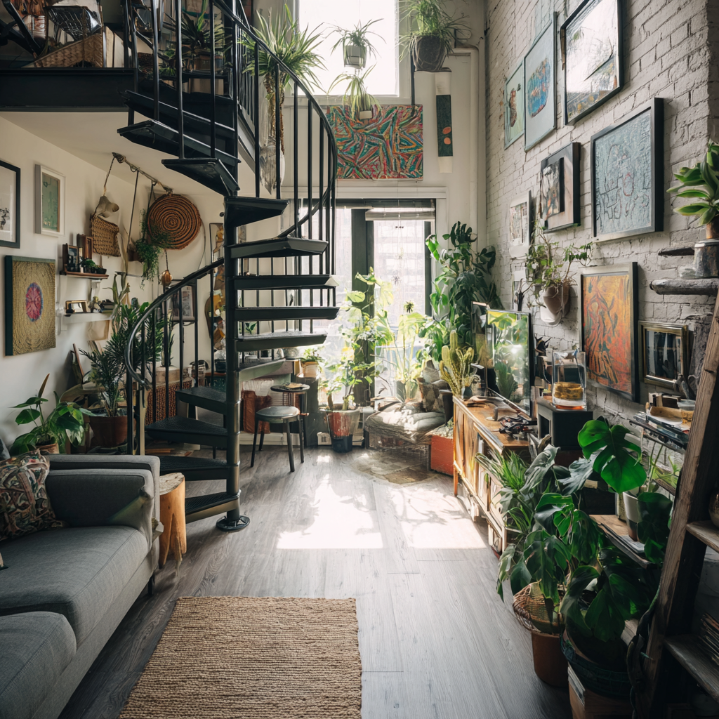 A black metal spiral staircase dominates a sunlit, eclectic living space filled with numerous potted plants, a gray sofa, and a gallery wall on a white brick wall.