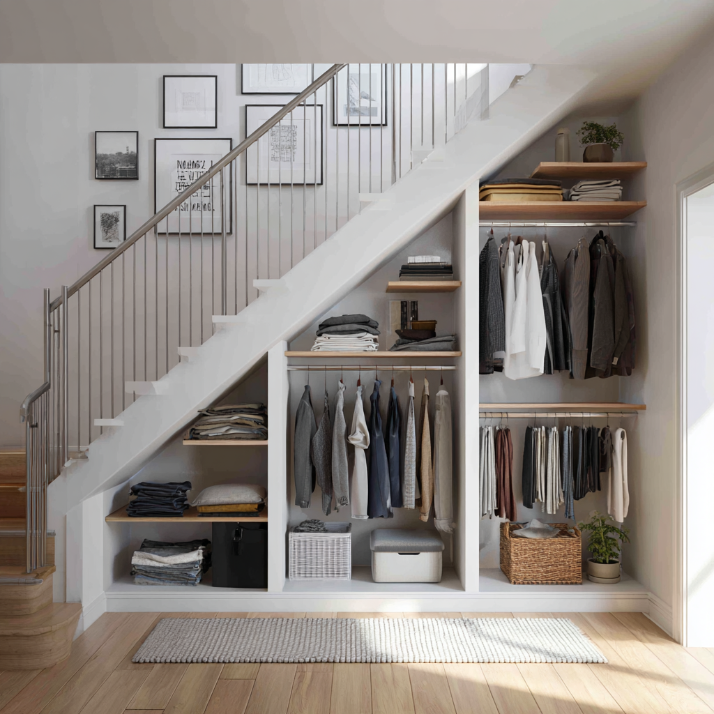 Custom under-stairs closet with built-in open shelving and hanging rods, neatly organized clothing in neutral tones, light wood shelves, white cabinetry, framed wall art along the staircase, soft natural light, and a clean modern minimalist aesthetic.