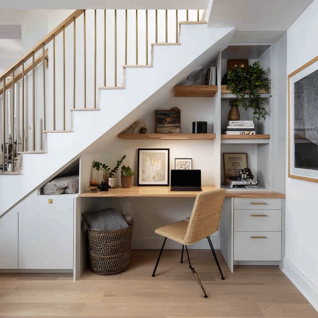 Modern Scandinavian-style under-stair home office with white built-in cabinetry, light oak wood shelves and desk, brass stair balusters and hardware, woven accent chair, greenery, and warm natural wood flooring in a clean, minimalist design.