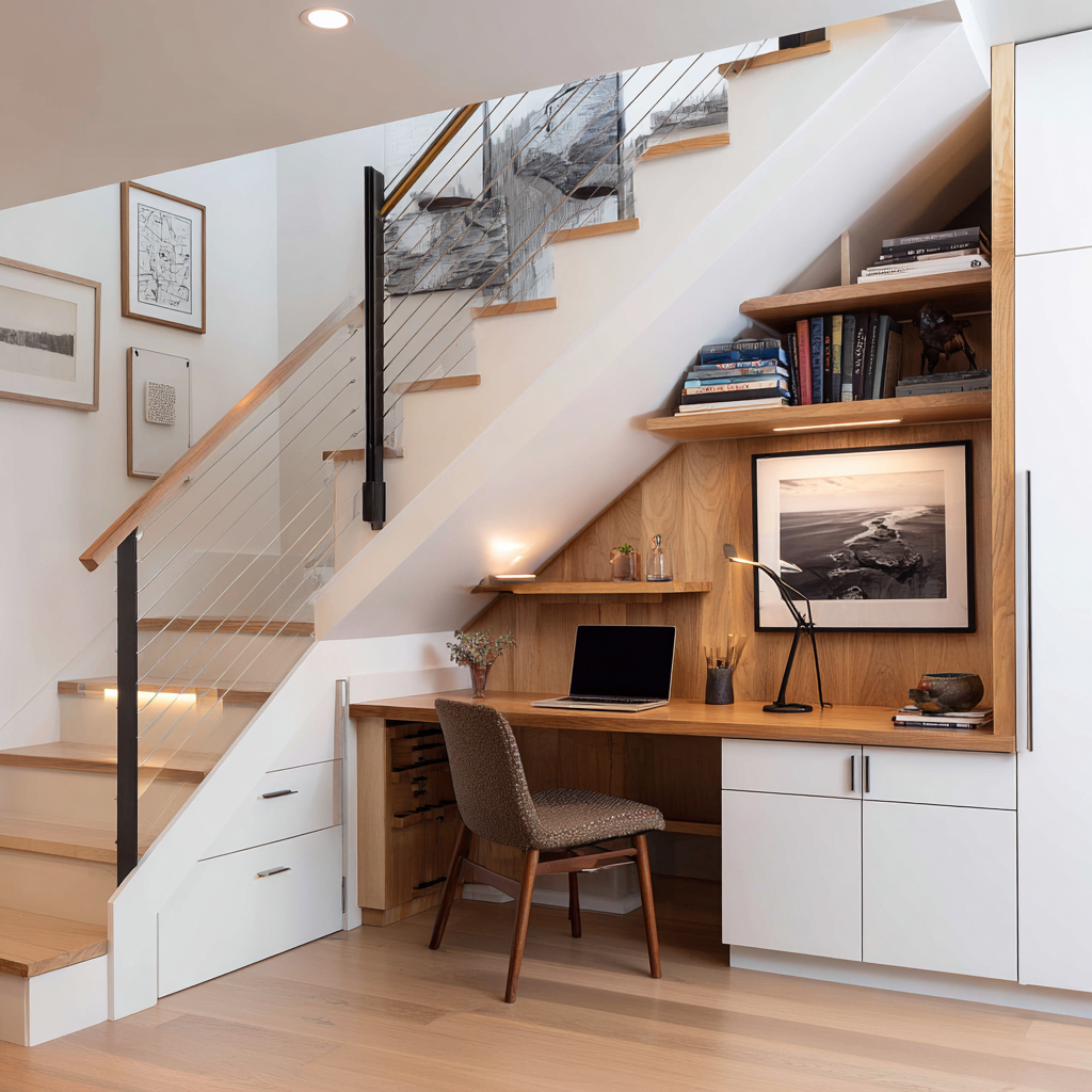 Modern under-stair home office nook with light oak wood shelving and desk, white flat-panel cabinetry, warm LED task lighting, minimalist Scandinavian design, cable-railed staircase, neutral textiles, and clean contemporary lines.