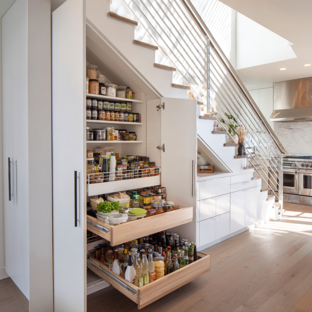 Bright modern under-stairs slide-out pantry with matte white cabinetry, light wood pull-out drawers, organized glass jars and bottles, minimalist hardware, airy Scandinavian-style design, and warm oak flooring.