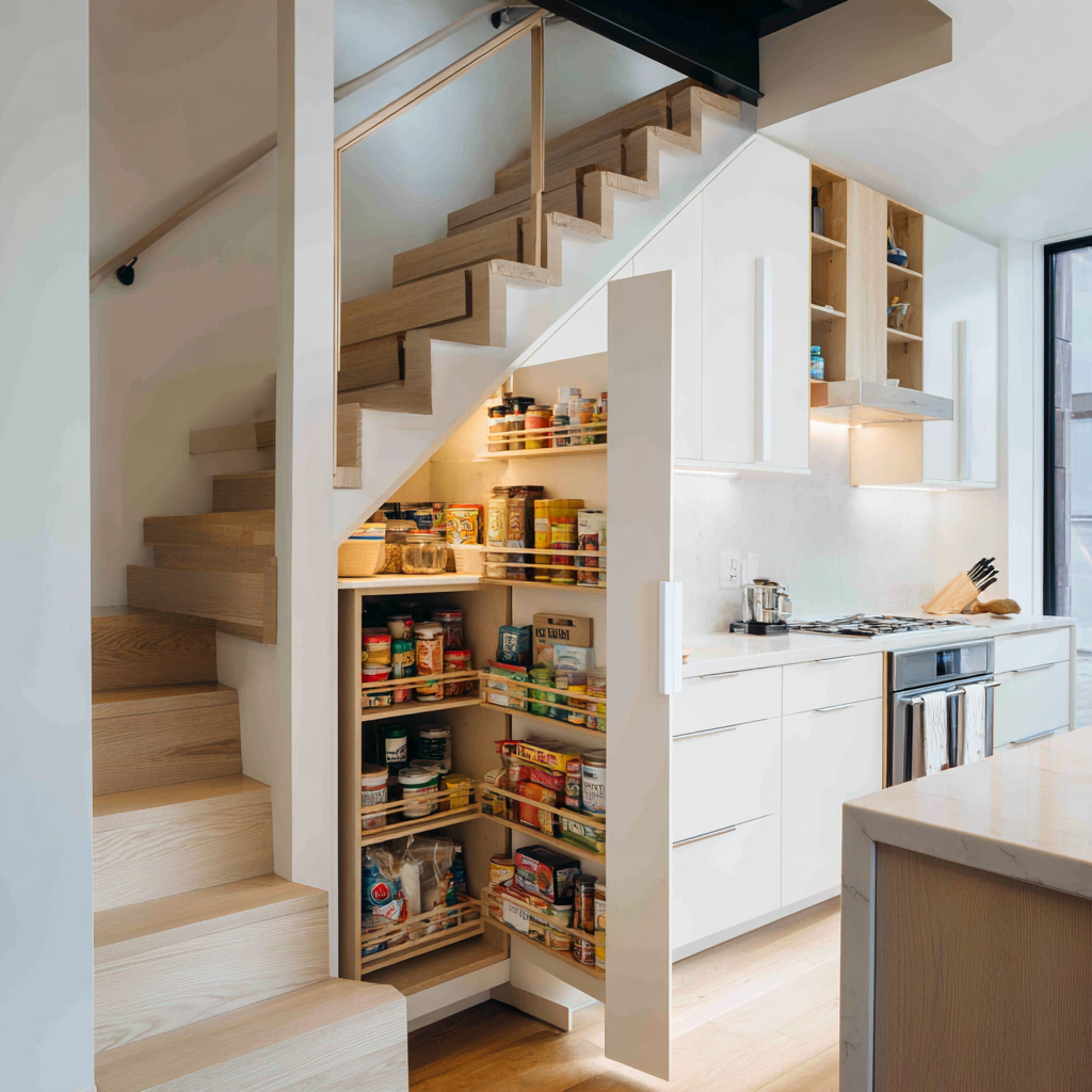 Modern minimalist kitchen with a white under-stair slide-out pantry, light oak wood stairs and flooring, flat-panel cabinetry, warm LED task lighting, marble-look countertops, and clean Scandinavian-inspired design with integrated storage.