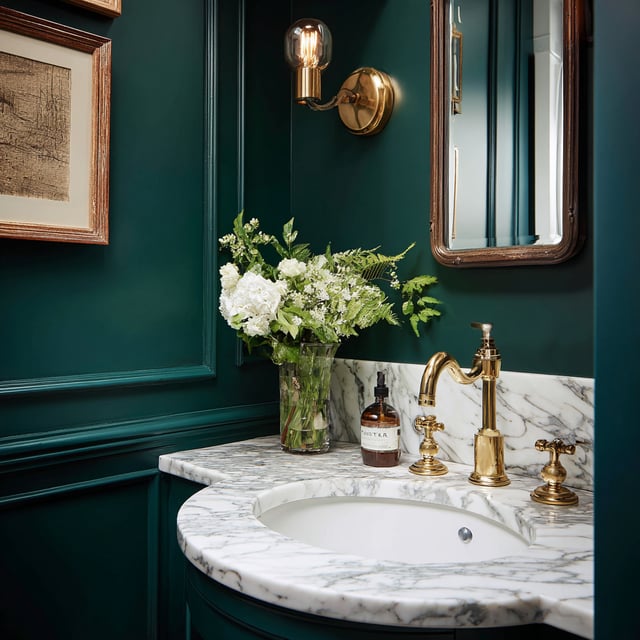 A luxurious, moody bathroom design characterized by a bold emerald green and marble aesthetic.