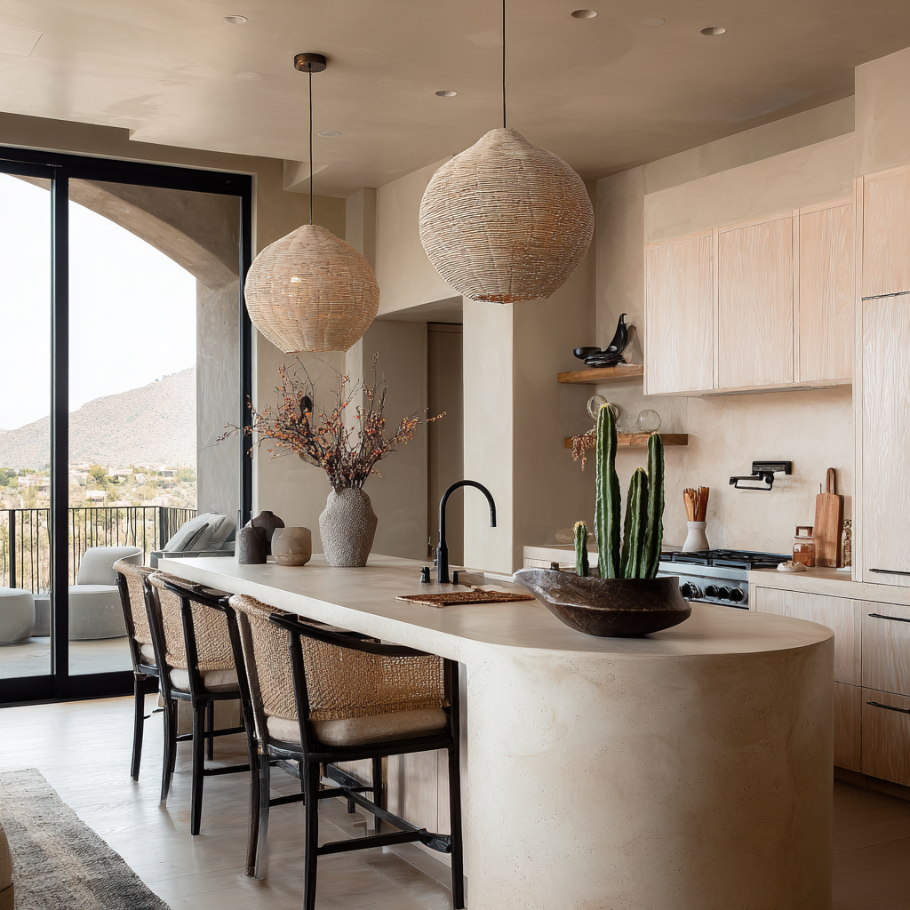 Warm sand-toned kitchen with a curved island and woven lights.