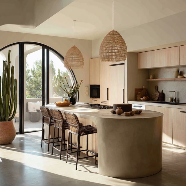 Desert modern kitchen with rounded island and cactus.