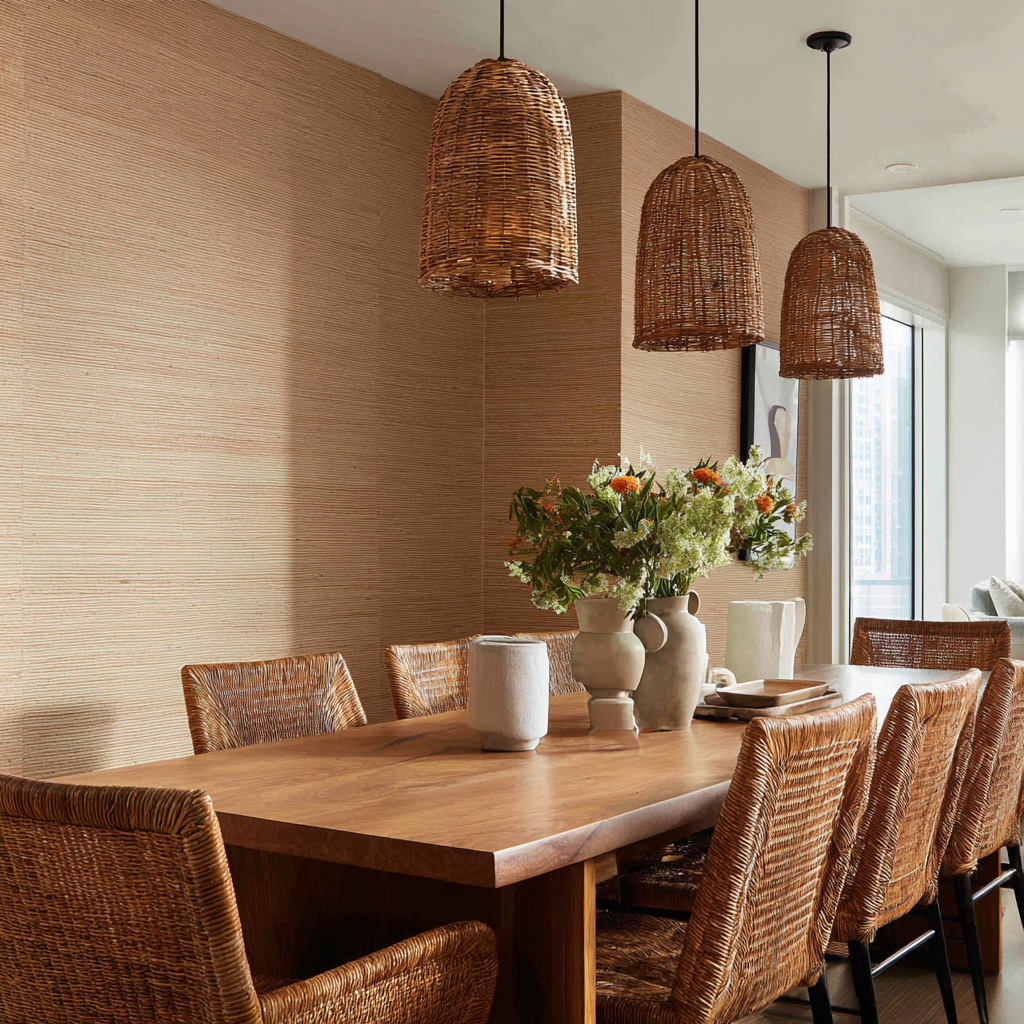 Dining_room_wall_covered_in_natural_tan_woven_grasscloth
