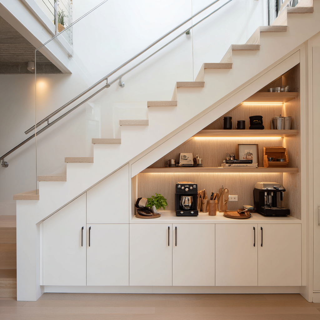 Modern minimalist under-stairs coffee bar with matte white cabinetry, light oak wood shelving, warm LED strip lighting, glass stair railing, pale wood treads, and a clean Scandinavian-inspired design.