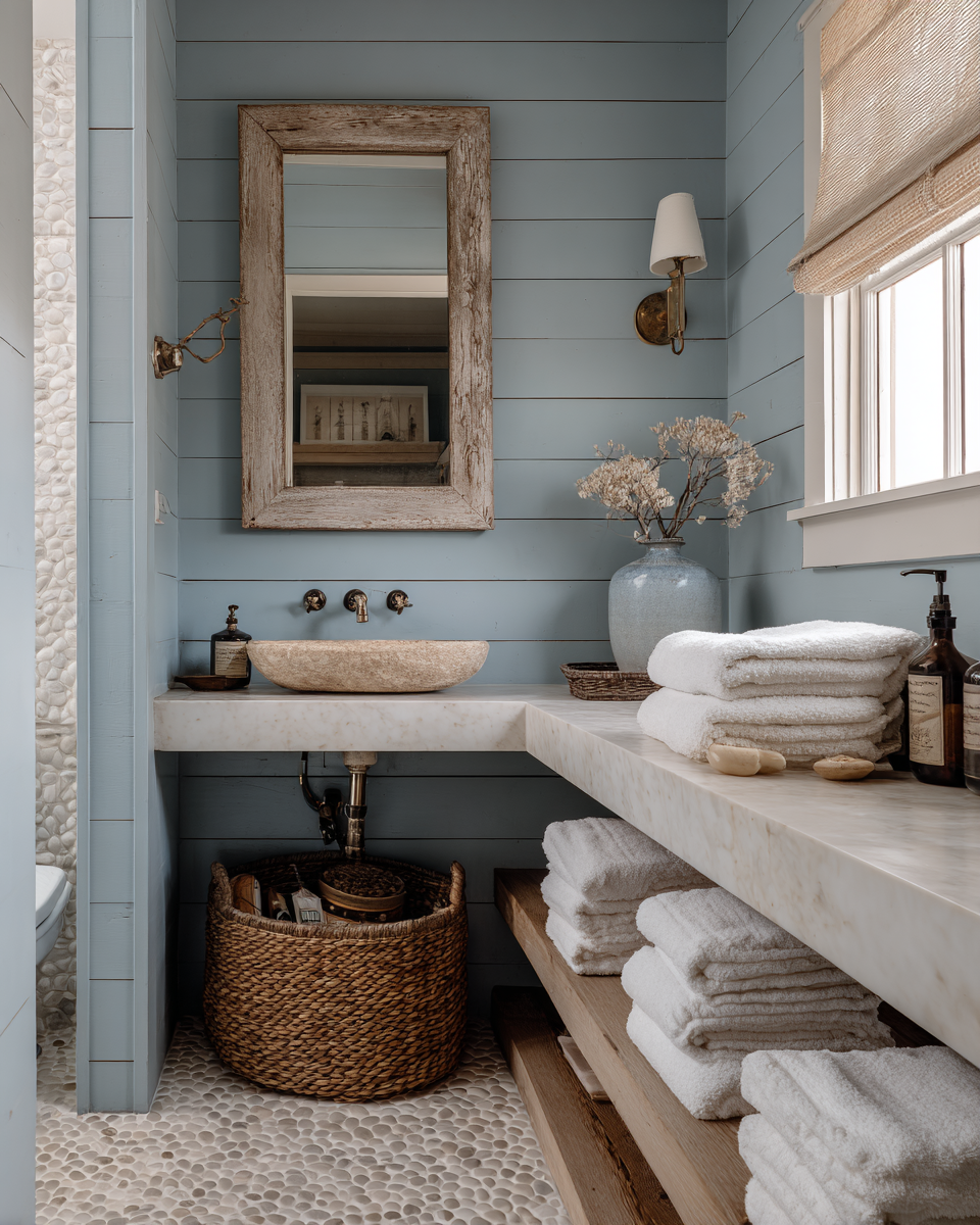 Dusty blue shiplap bathroom with stone vessel sink, driftwood mirror, and pebble tile floor.