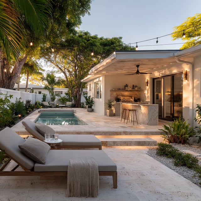 Luxury backyard with pool, outdoor kitchen, and stone patio.