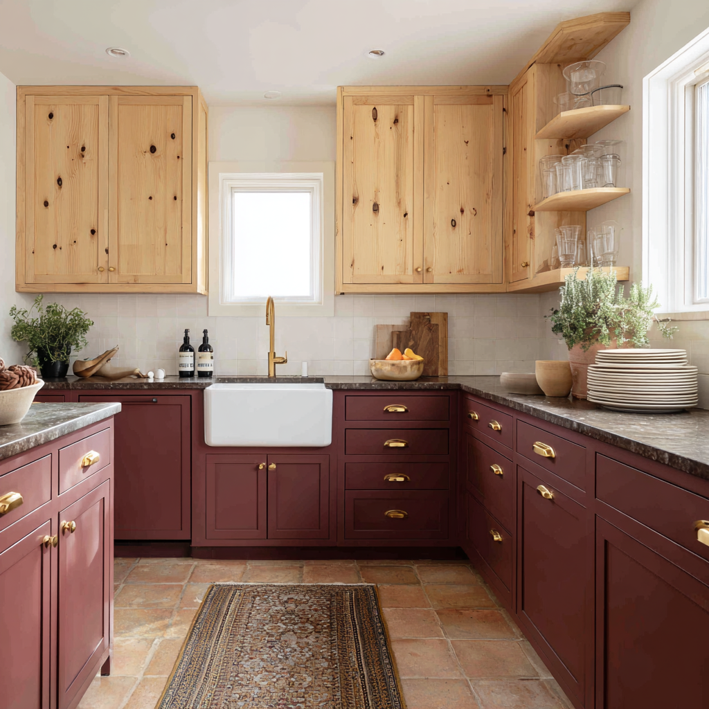 Deep wine-colored lower cabinets with natural knotty pine uppers, gold cup pulls, farmhouse sink.