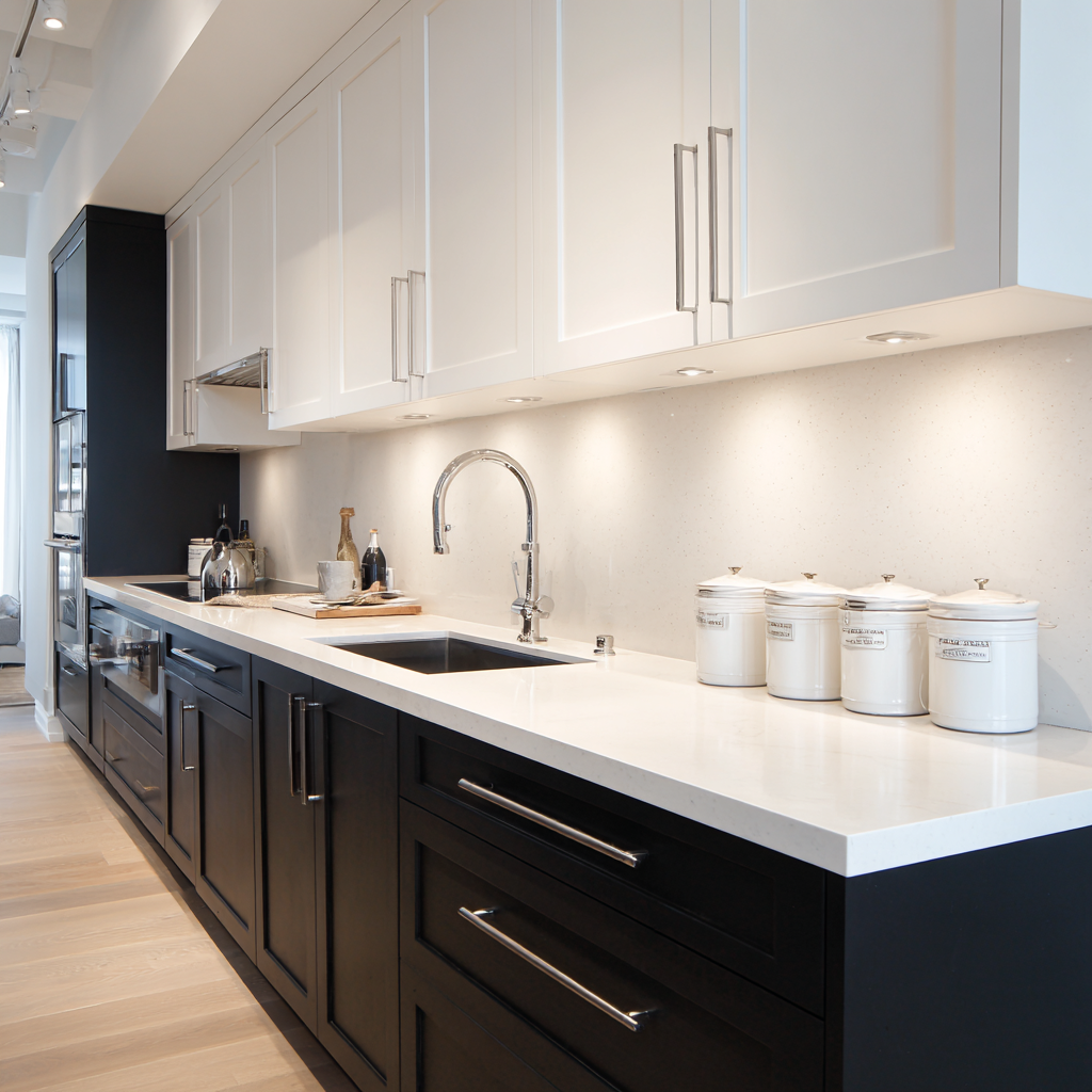 Matte black flat-panel lower cabinets with white upper cabinets, speckled quartz backsplash, chrome hardware.