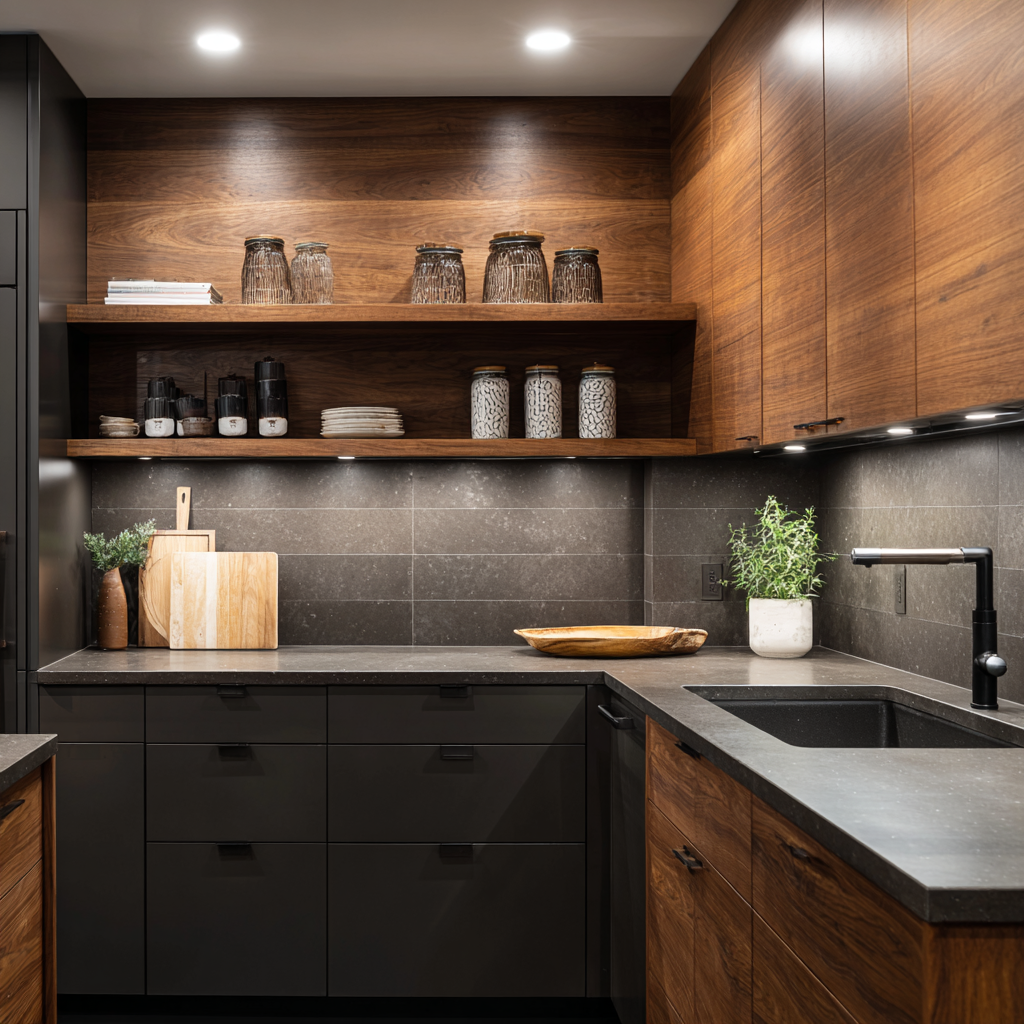 Matte charcoal flat-panel lower cabinets with rich walnut uppers and open shelving, stone-finish tile backsplash.