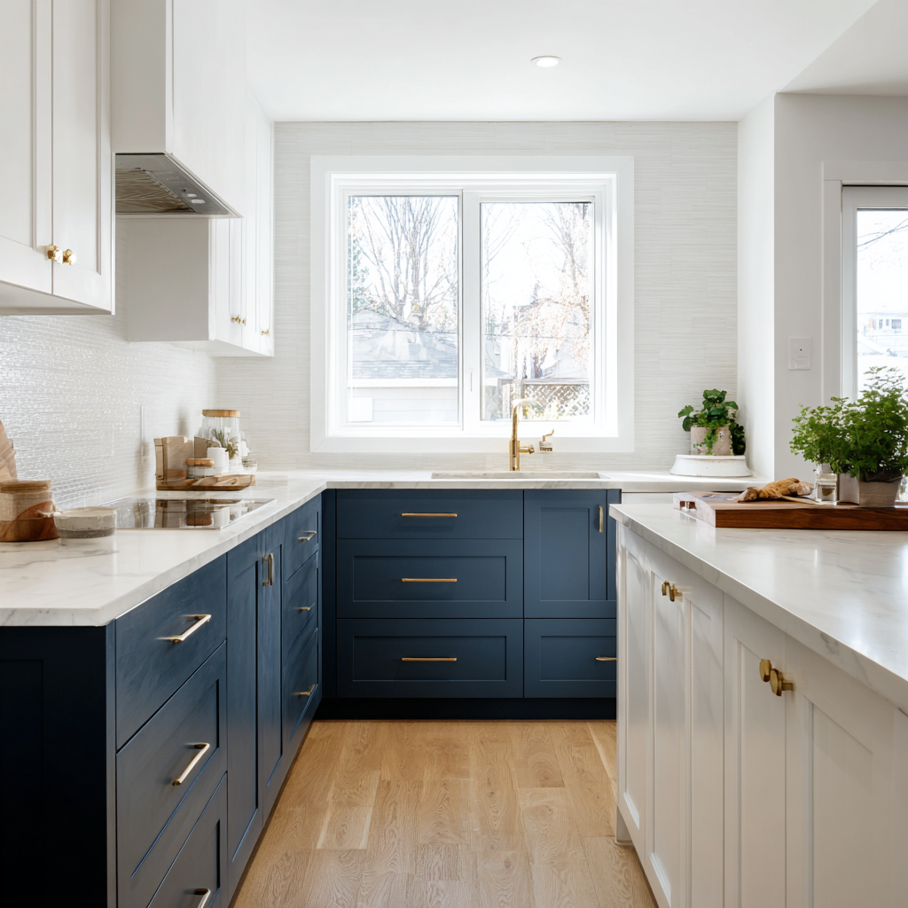 Navy perimeter cabinets with white island, brass hardware, marble-look countertops.