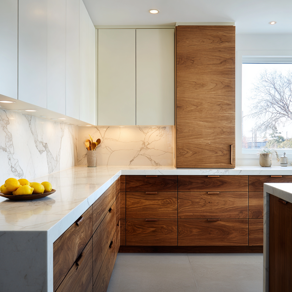 White upper cabinets with rich walnut lower cabinets and floor-to-ceiling walnut pantry wall, full-height marble backsplash.