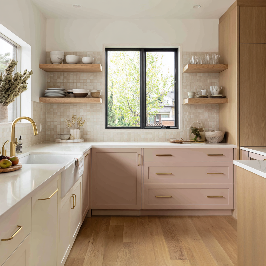 Blush pink lower cabinets with warm white uppers, natural oak floating shelves, zellige-style backsplash.