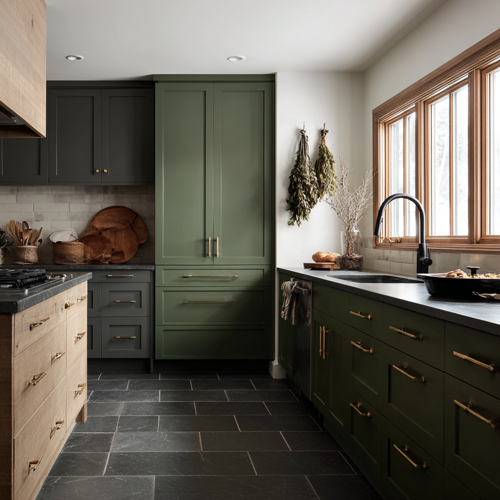 Forest green and charcoal cabinets with natural wood accents, brass hardware, slate tile flooring.