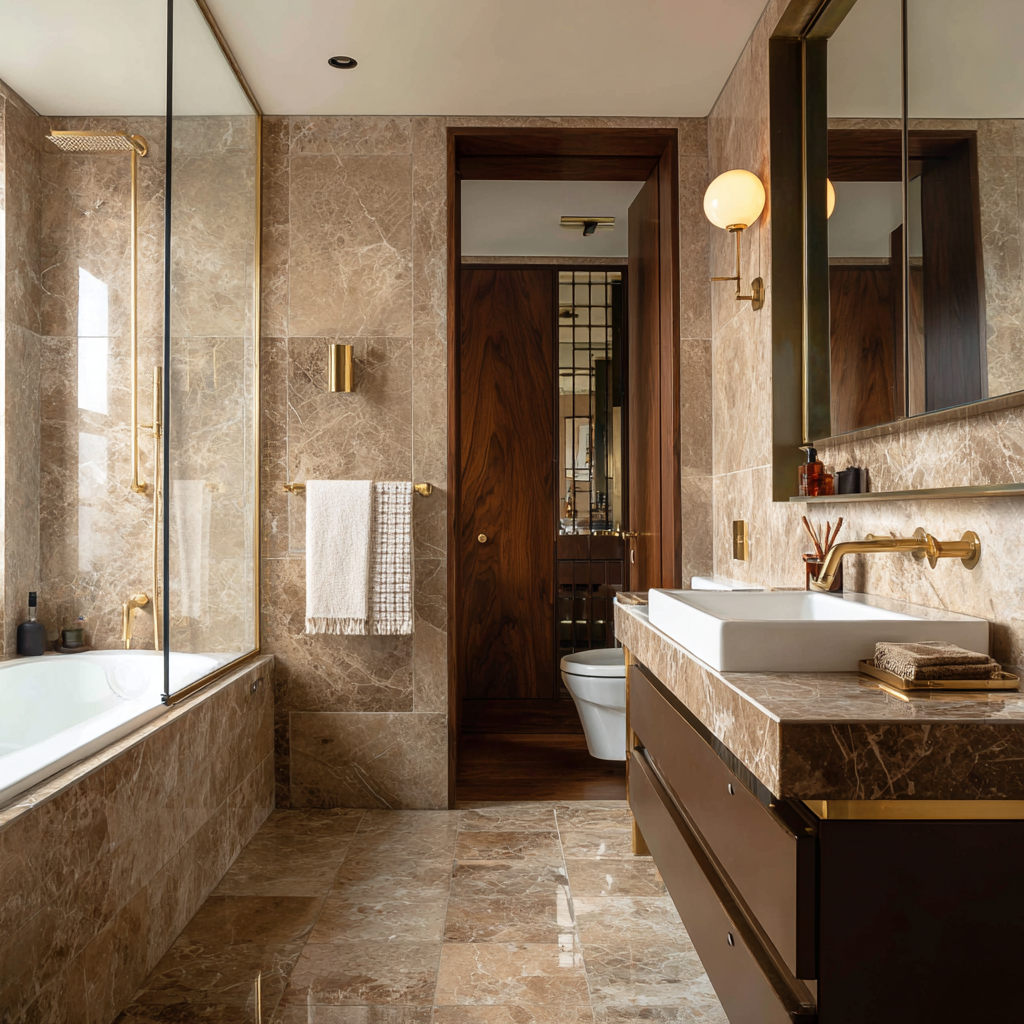 A luxurious bathroom is clad floor-to-ceiling in polished Emperador marble with warm brown tones and contrasting white veining, featuring a walk-in shower with a glass partition, a deep soaking tub, a dark brown vanity with a marble countertop, and gold fixtures and hardware.