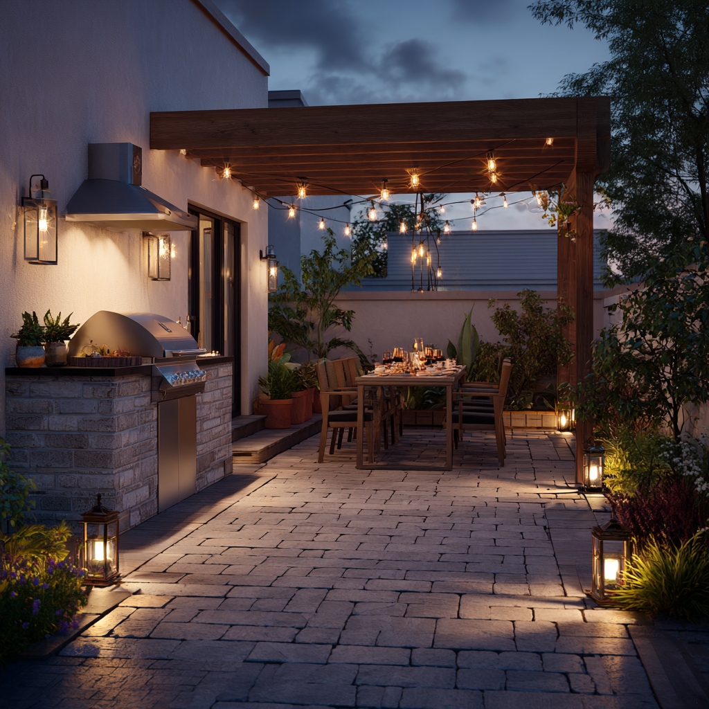 A modern, inviting evening outdoor kitchen and dining area set on a paved stone patio.