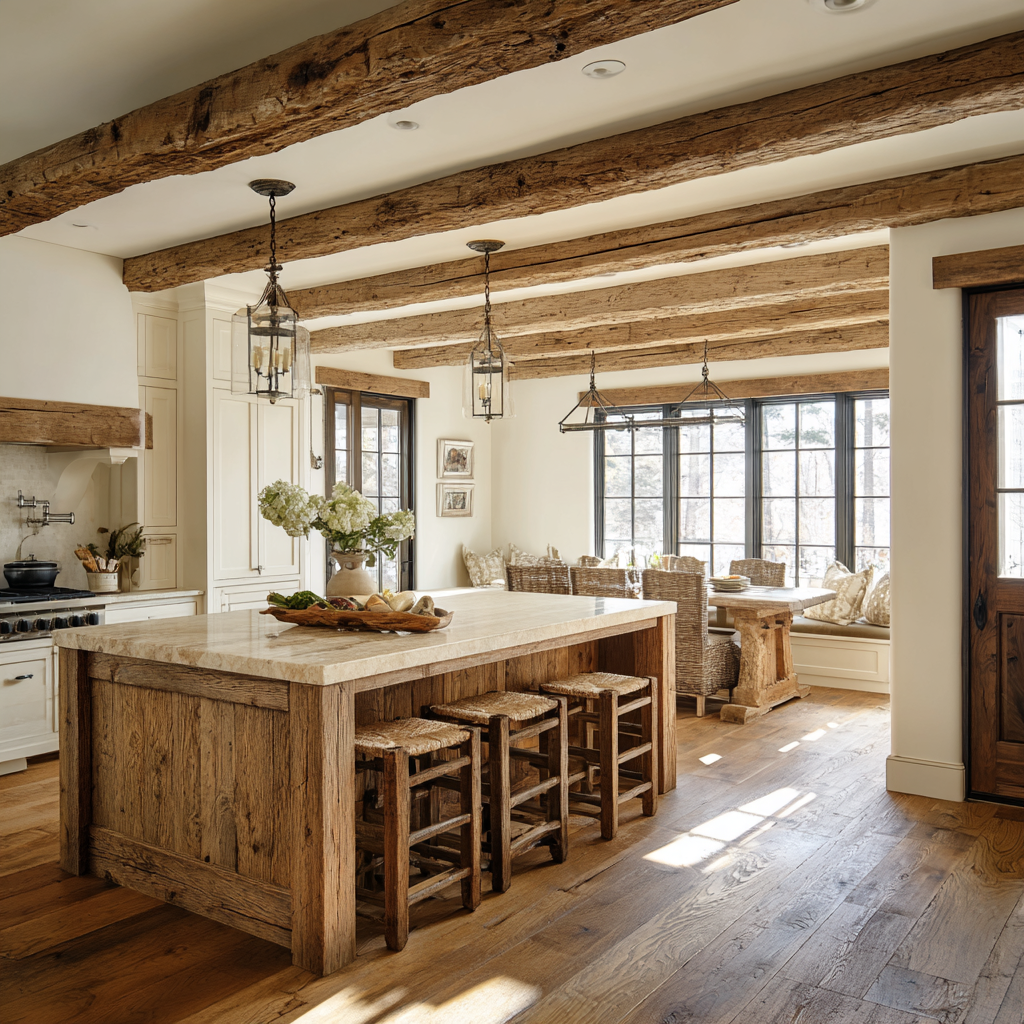 Rustic kitchen with wood beams, island, and lantern lights.