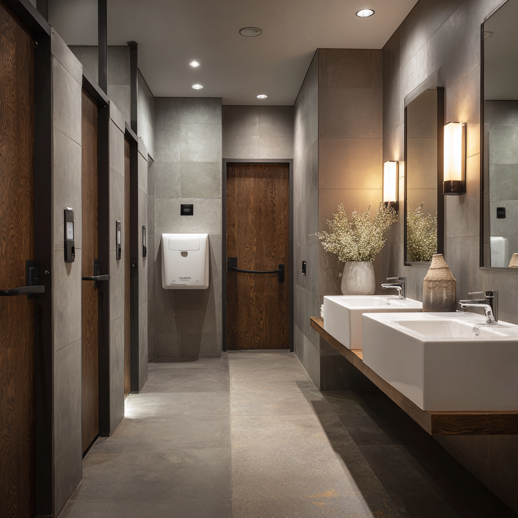 Industrial modern restroom with gray tiles and wooden doors.