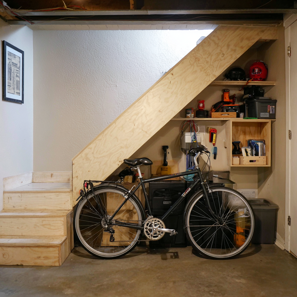 Industrial-style under-stairs storage area with unfinished light plywood stairs, exposed wood shelving, concrete floor, neutral beige walls, and a black bicycle parked beneath, creating a functional DIY workshop look.