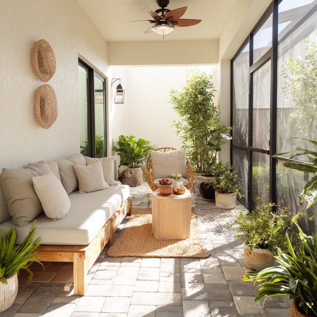 Screened lanai with outdoor sofa, rattan chair, and potted plants.
