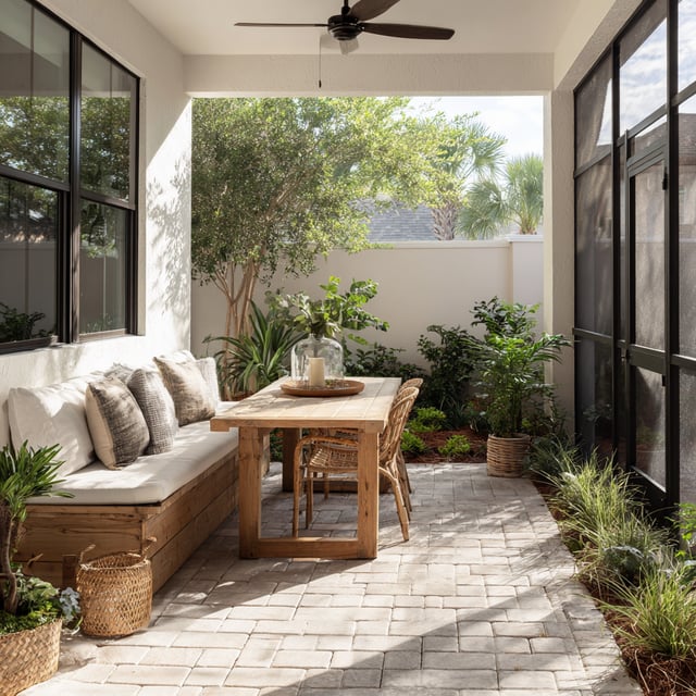 Sunlit screened lanai with wood dining table and stone floor.