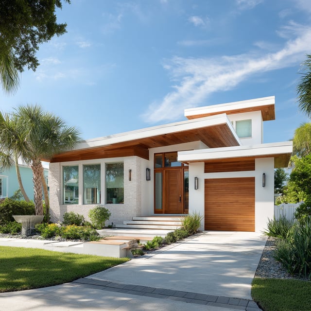 Modern coastal home with wood cladding and flat rooflines.