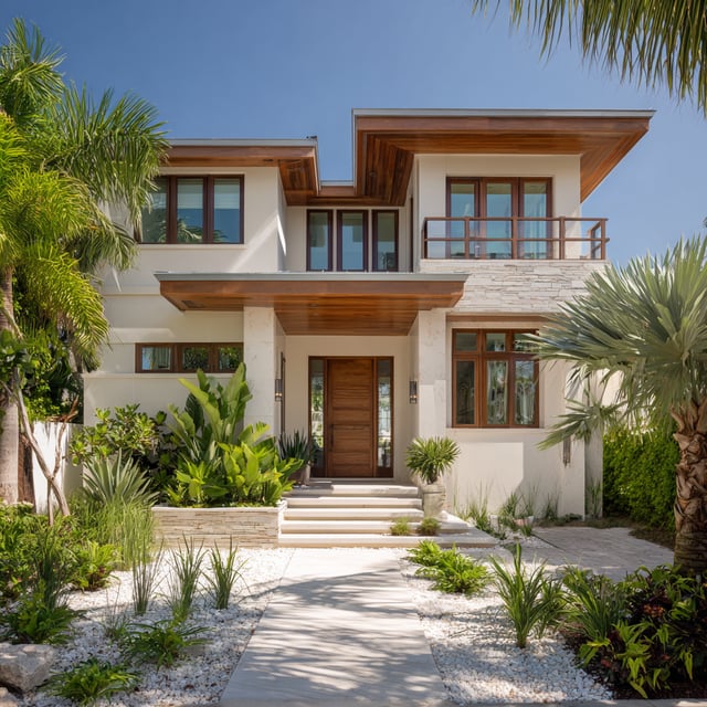 Modern tropical home with wood accents and lush greenery.