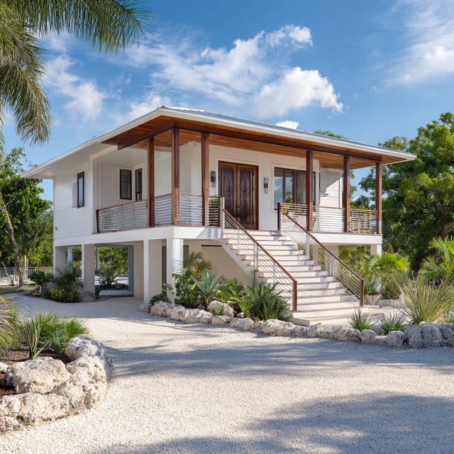 Elevated coastal home with wood accents and gravel drive.