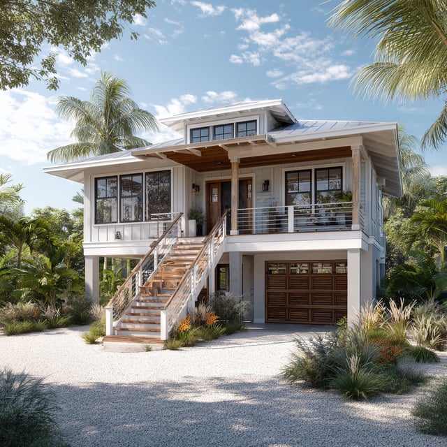 Elevated Florida-style new build house with a light gray exterior, wood accents, a ground-level garage, and tropical landscaping.