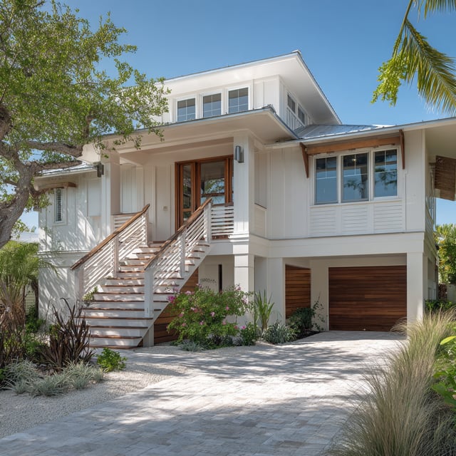 A modern, two-story coastal home with an elevated foundation.