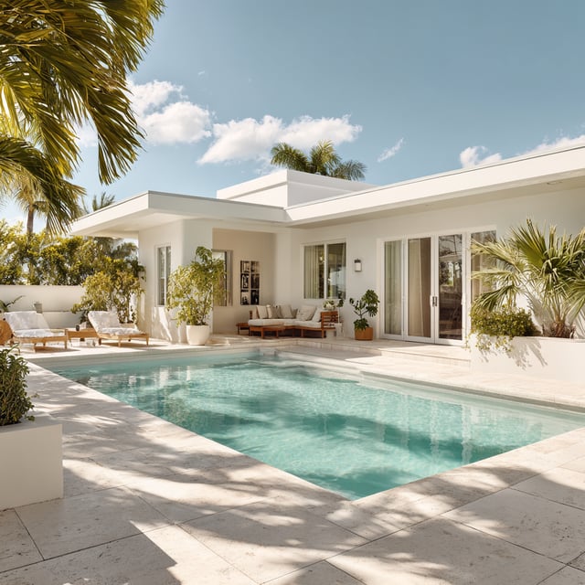 A modern, white single-story home in Florida features a rectangular swimming pool surrounded by a light-colored tiled patio with wooden lounge chairs and a recessed outdoor seating area.