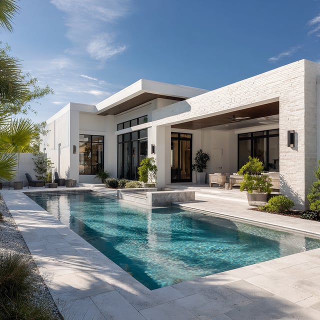  Modern white home with a luxury pool and stone patio.