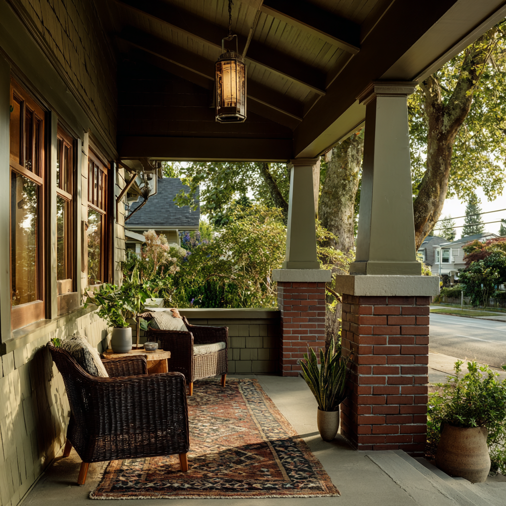 Restored Craftsman bungalow front porch with wicker furniture.