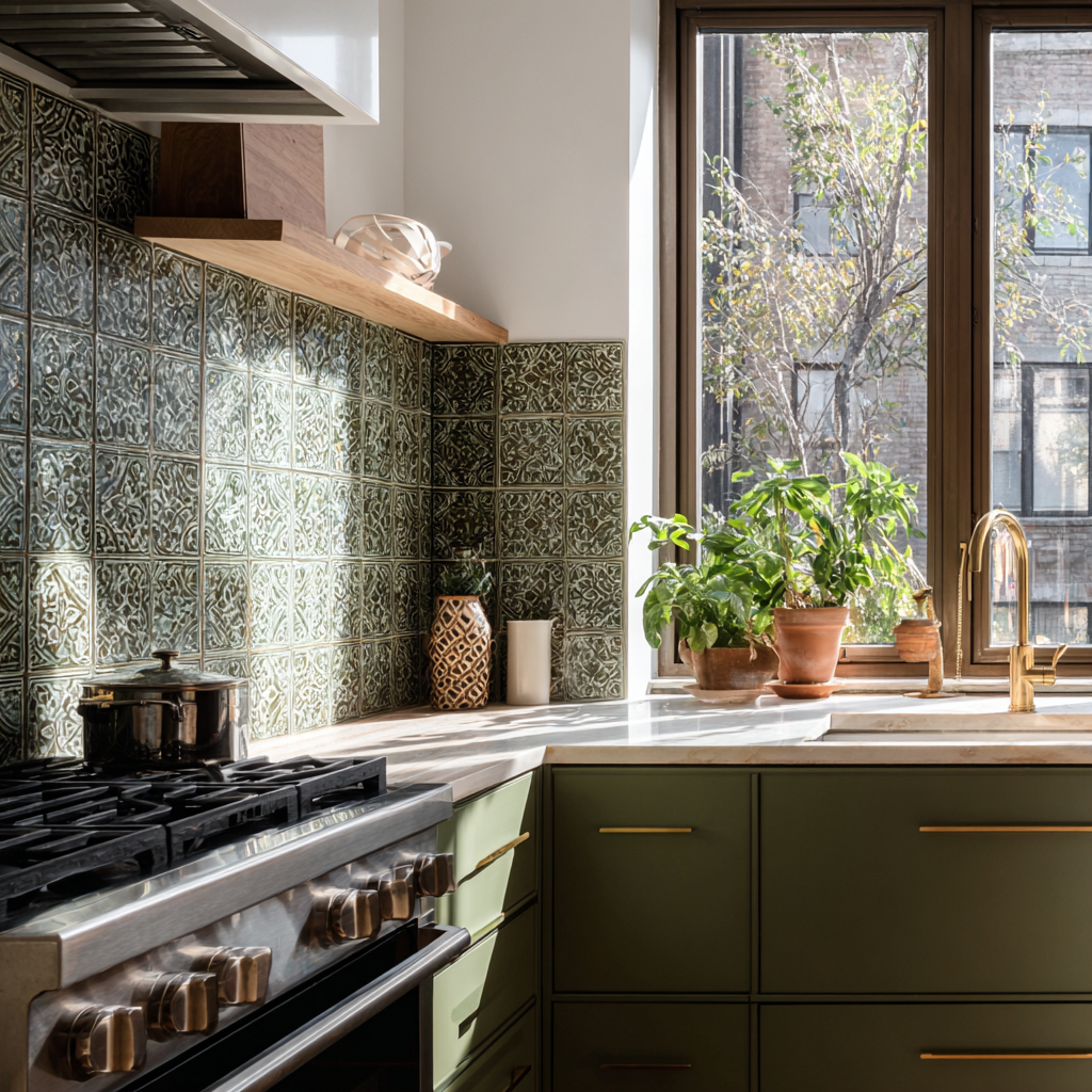 A sunlit kitchen features olive green cabinetry, a stainless steel range, a wooden floating shelf, and a backsplash made of ornate, square-patterned, dark green tiles, with potted plants on the windowsill.
