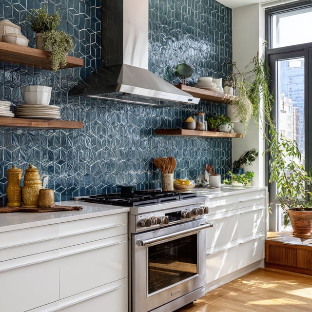 Blue tiled kitchen with white cabinets and wood shelves.